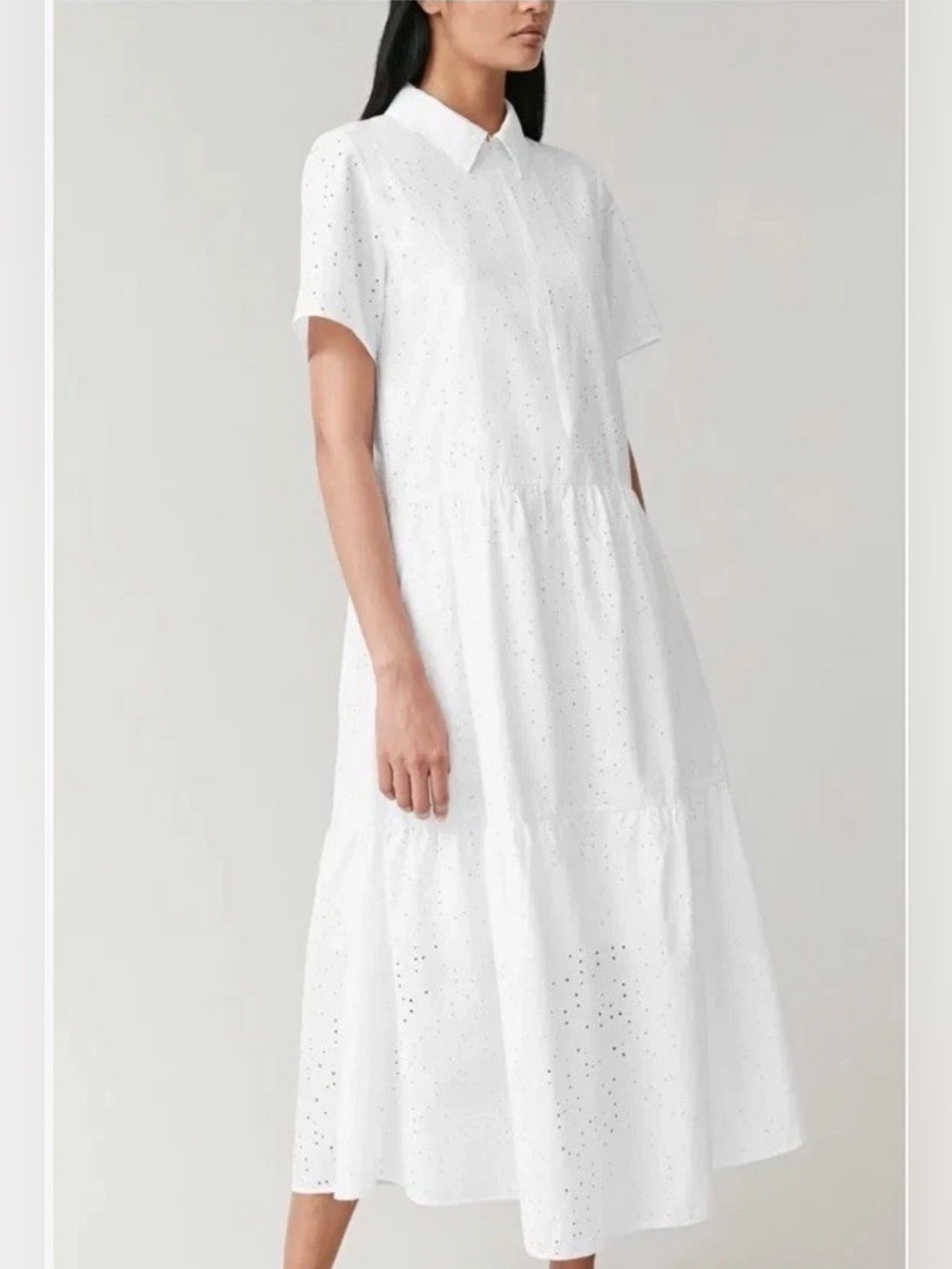 COS White Solid Eyelet Collared Zip Shirt Dress Midi Short Sleeve
